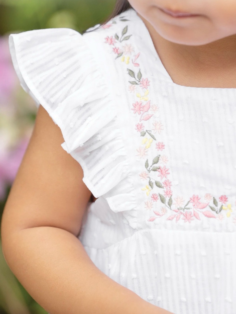 Tartine et Chocolat White Swiss Dot Dress with Pink Floral Accents